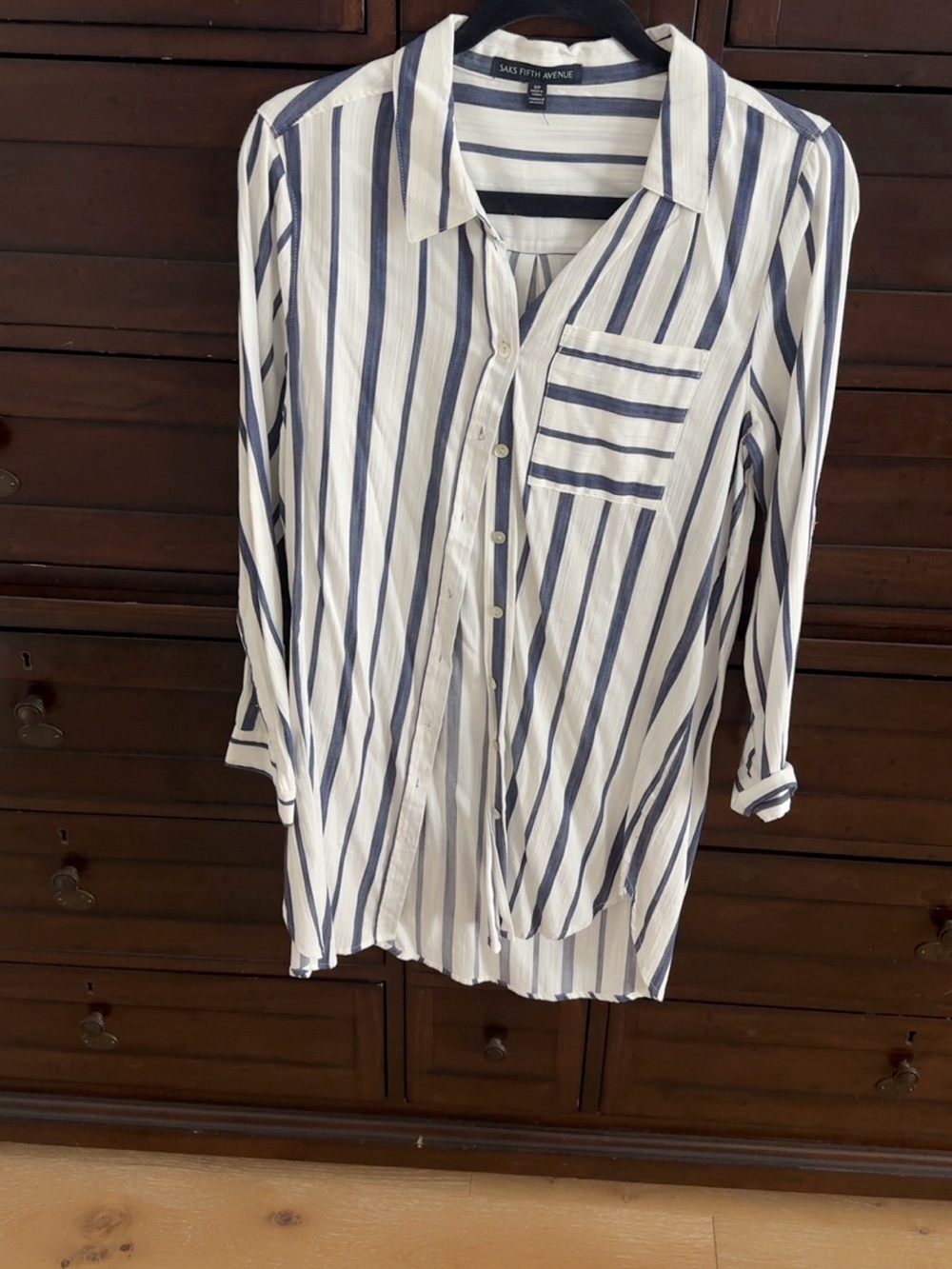 Saks Fifth Avenue White and Navy Vertical Stripe Tunic Shirt